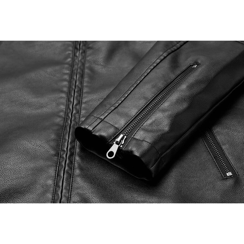 Men's Black1 Faux Leather Stand Collar Classic Zipper Slim Fit Biker Jacket - Picture 5 of 7